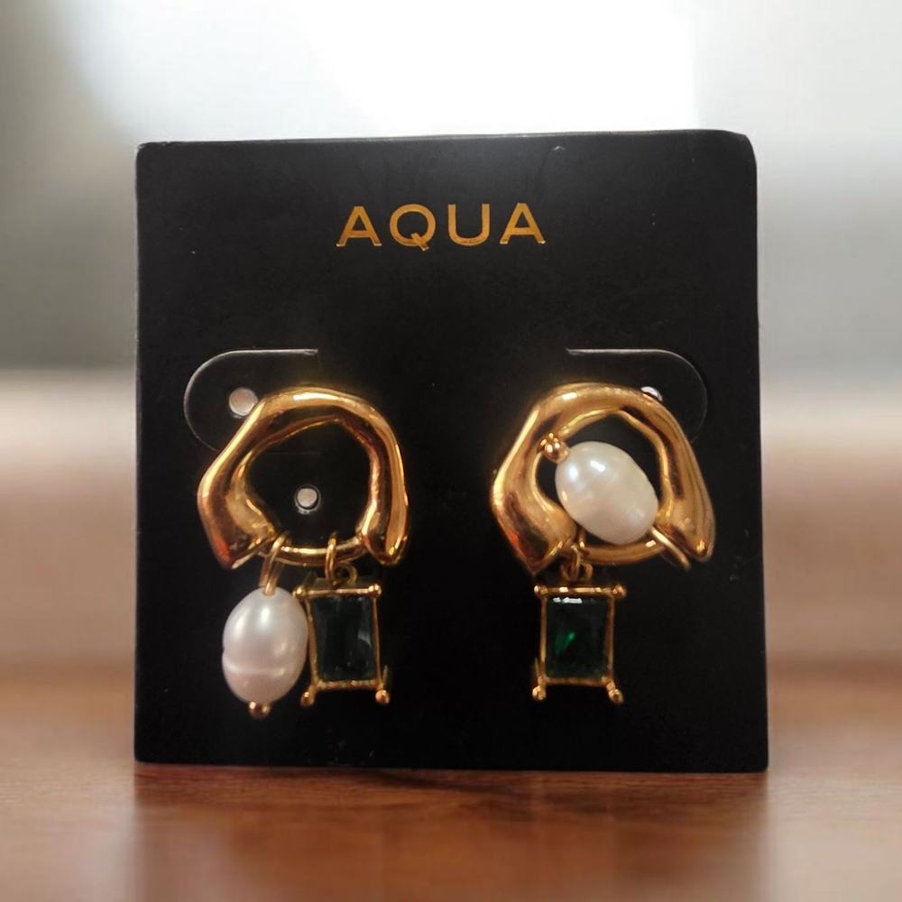 AQUA 14K Gold Plated Fresh Water Pearl and Green Cubic Zirconia